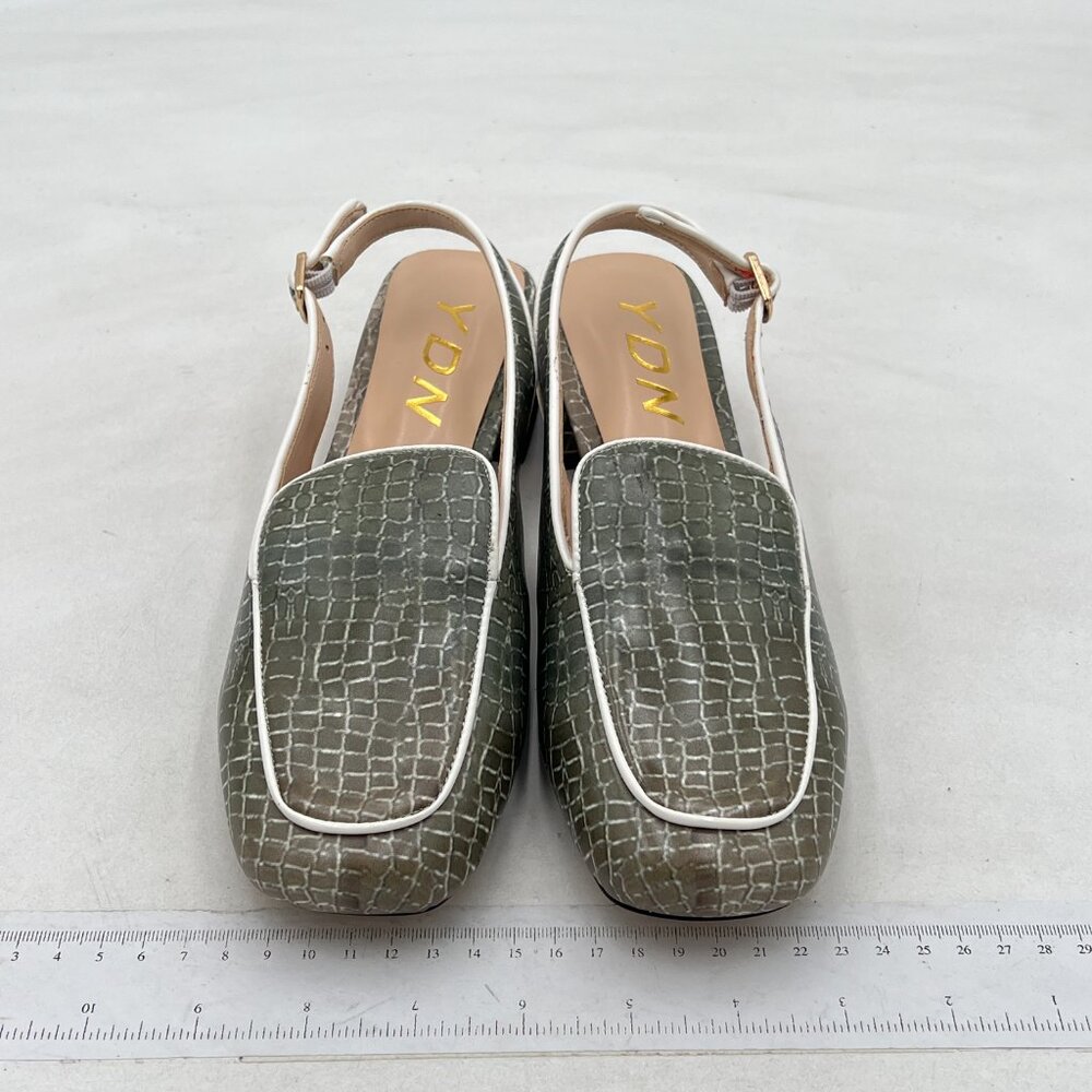 Ydn Silver Emboss Square Toe Block Low Heels Slin… - image 3